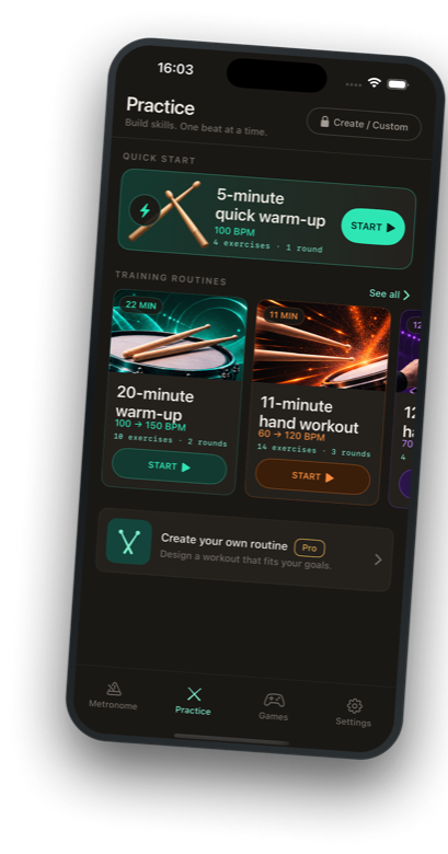 DrumTick on iPhone showing the Practice tab: a five-minute quick warm-up and the training routine library